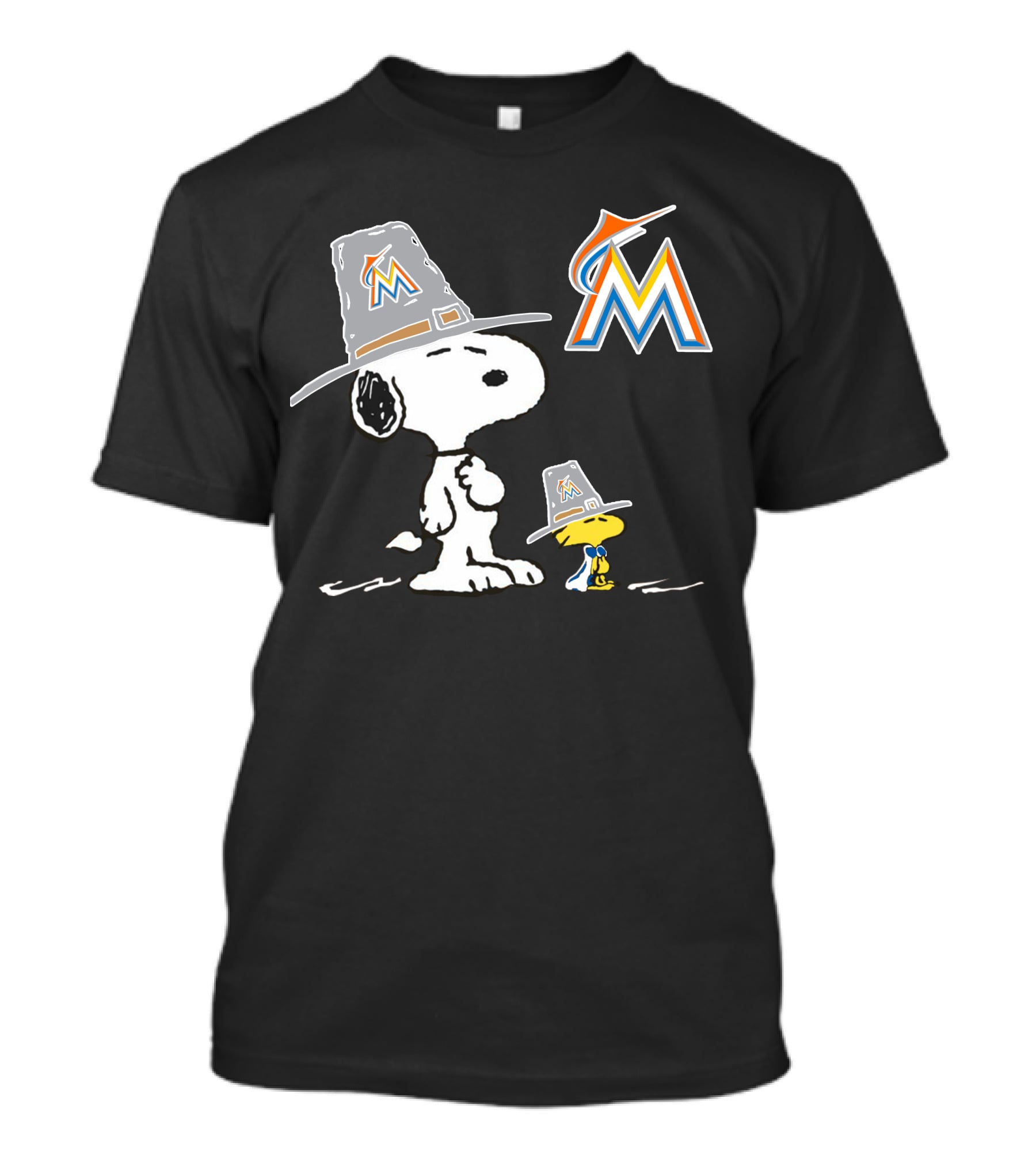 Miami Marlins Snoopy Woodstock Pilgrim Hats T-Shirt