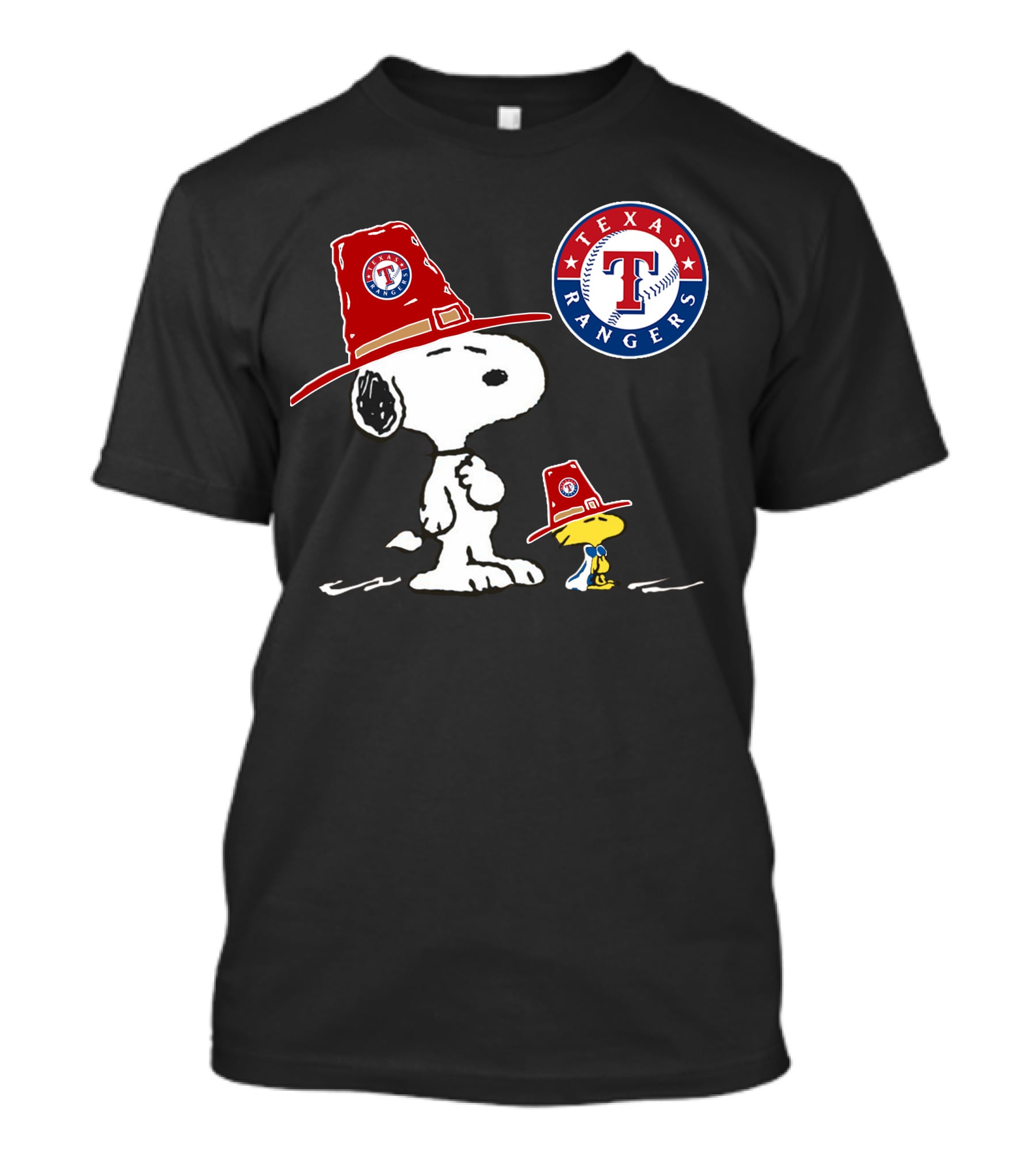 Texas Rangers Snoopy And Woodstock In Red Hats With Team T-Shirt