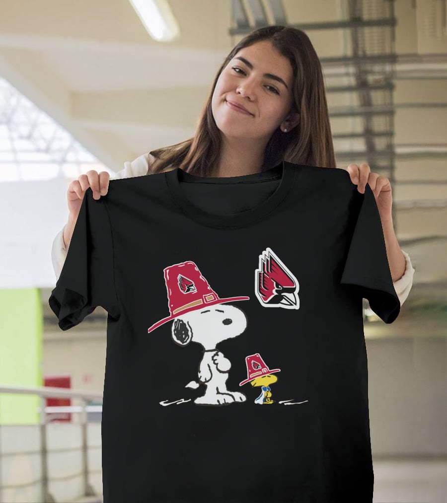Ball State Cardinals Snoopy And Woodstock Pilgrim Hats Peanuts Sports Collaboration T-Shirt
