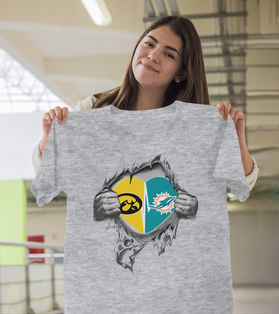Iowa Hawkeyes Miami Dolphins Heart Logo Ripped T-Shirt