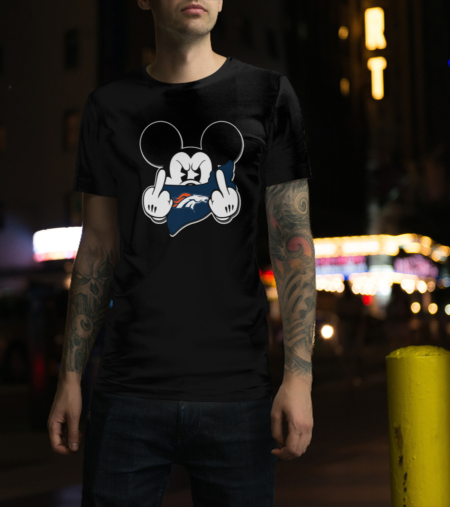 Mickey Mouse And Broncos Middle Finger T-Shirt