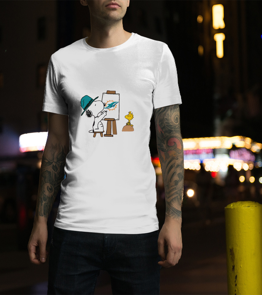 Snoopy Painting Miami Dolphins Logo With Woodstock T-Shirt
