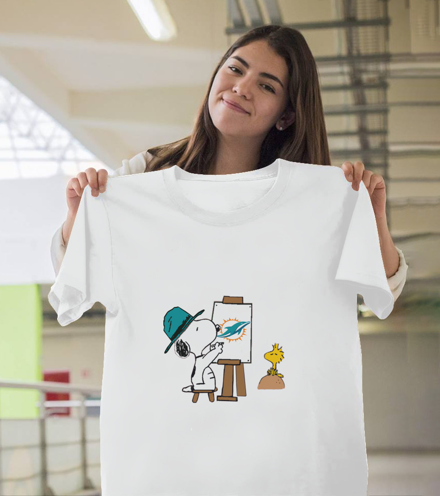 Snoopy Painting Miami Dolphins Logo With Woodstock T-Shirt