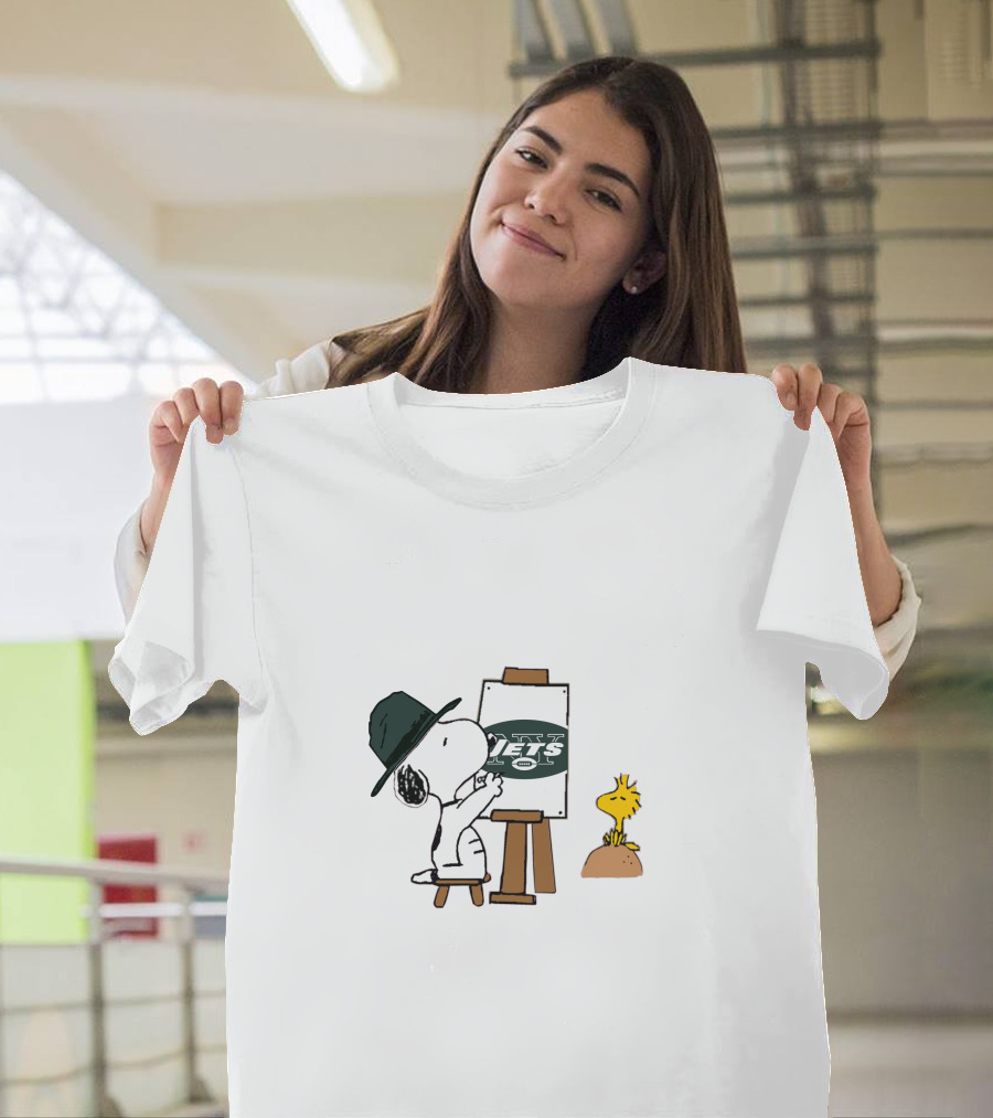 Painter Snoopy With Jets Logo And Woodstock T-Shirt