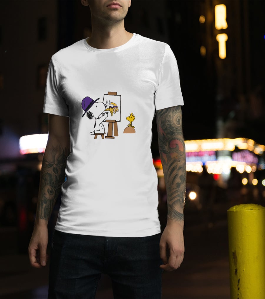 Snoopy Painting Minnesota Vikings Logo With Woodstock T-Shirt