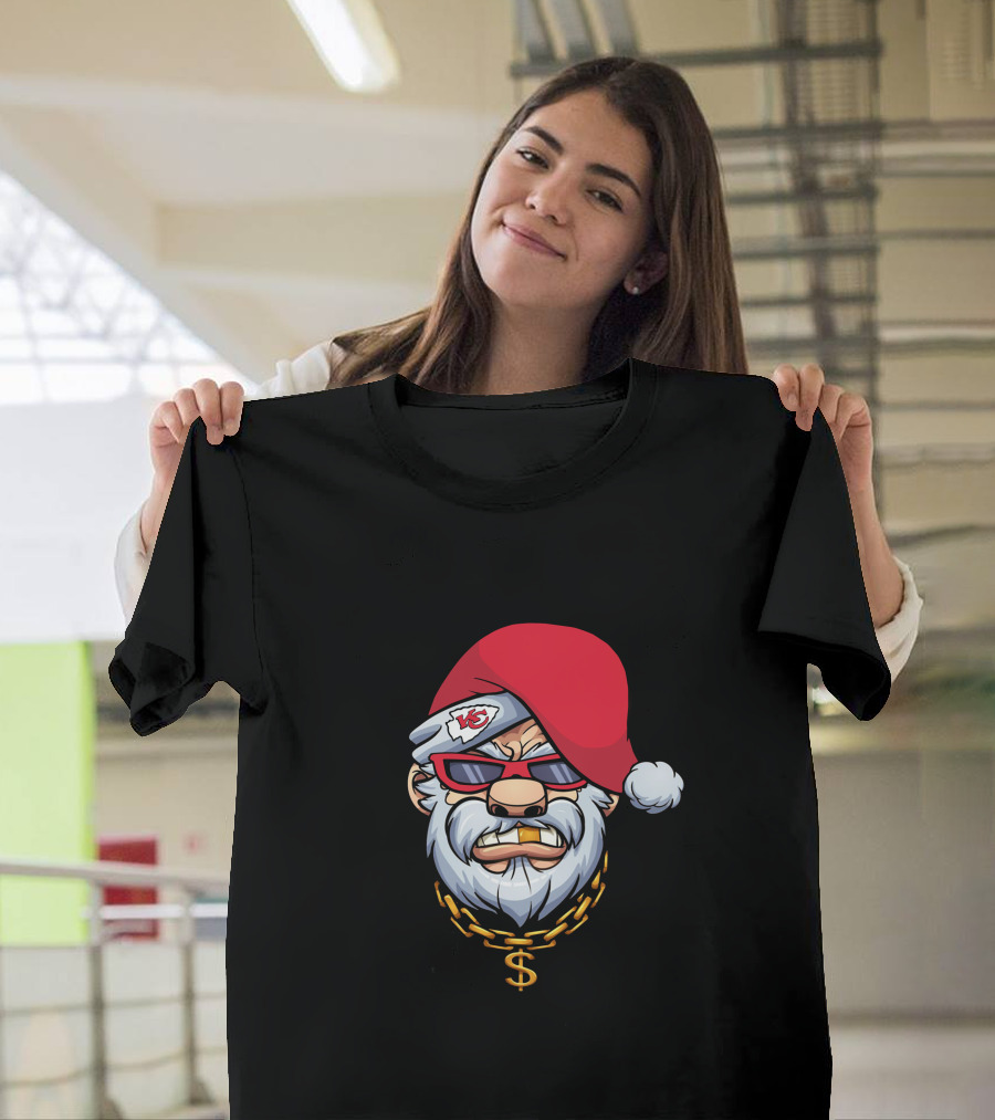 Chiefs Gangster Santa With Chain And Red Hat Sporting Sunglasses And Kansas City T-Shirt