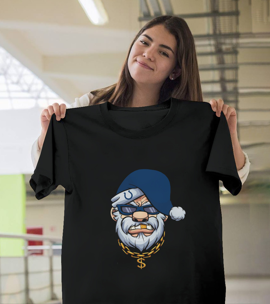 Colts Gangster Santa With Blue Hat And Dollar Chain T-Shirt