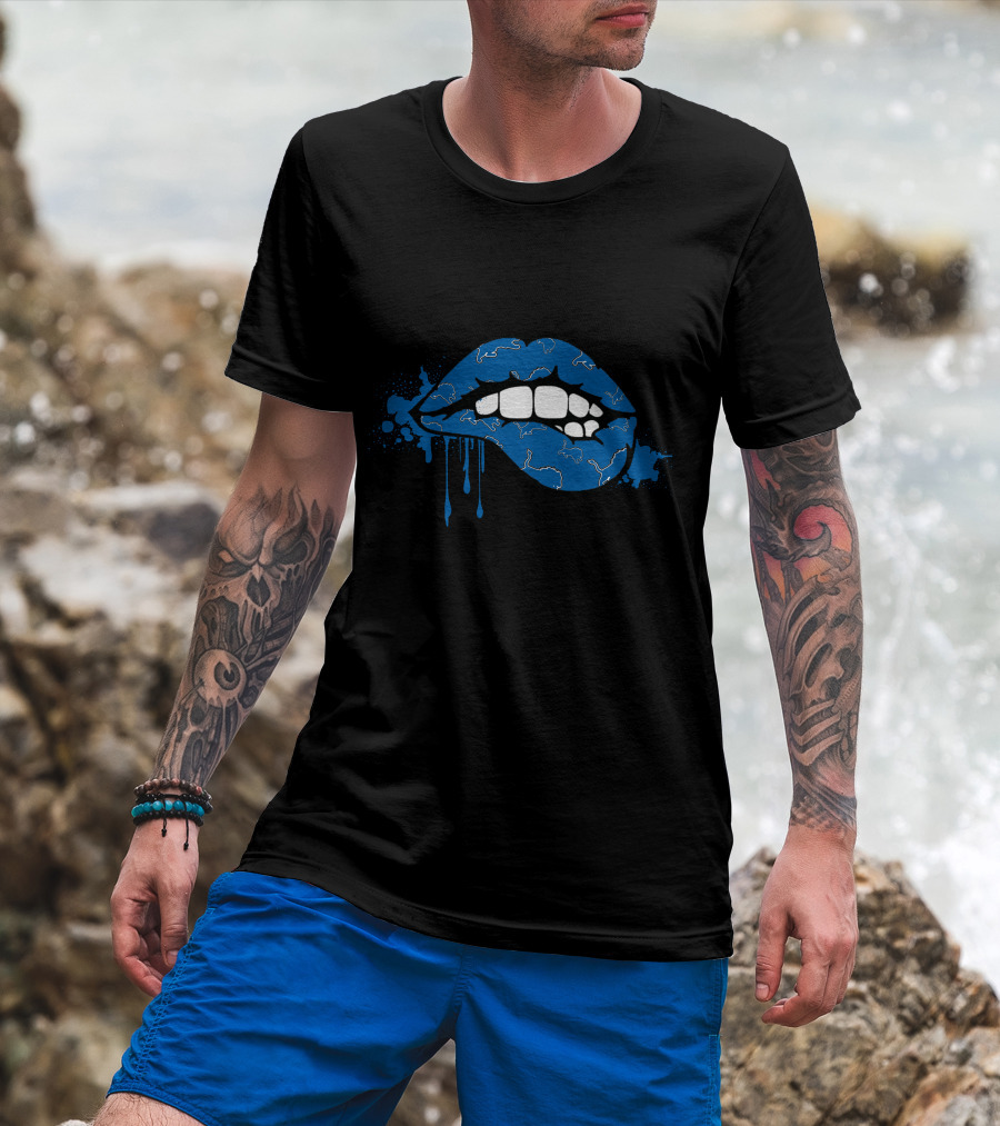 Dripping Blue Lips With White Lions Outline T-Shirt