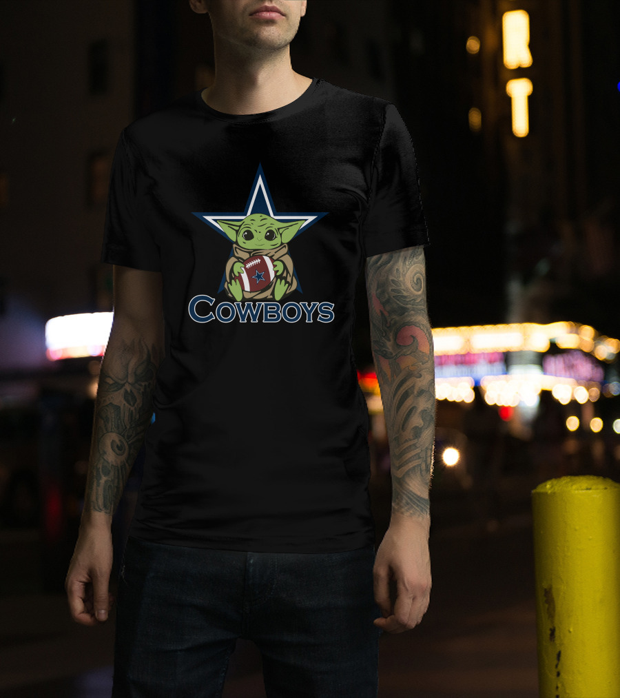 Cowboys Baby Yoda Holding Football Star Wars Mandalorian Dallas Star T-Shirt