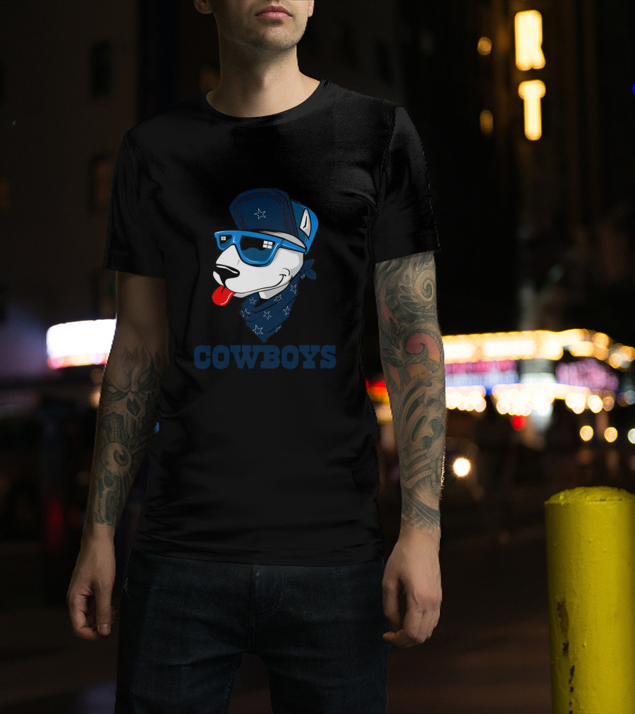 Cowboys Bull Terrier In Blue Sunglasses And Bandana T-Shirt