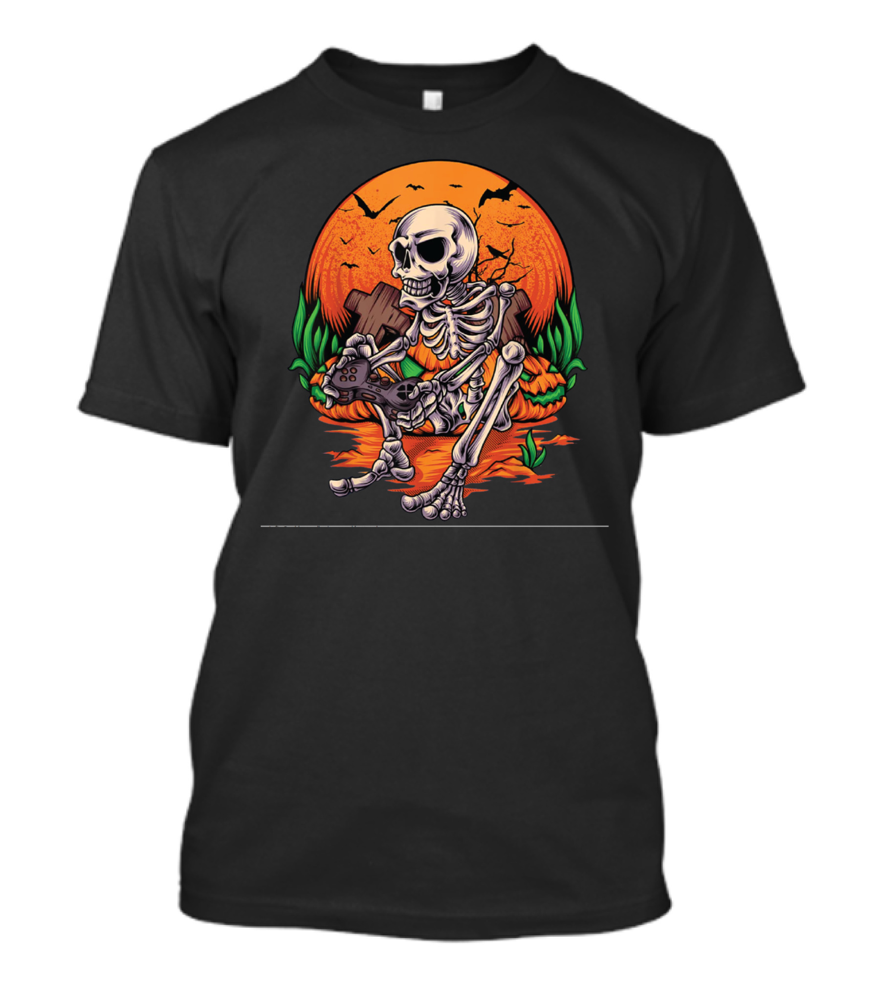 Skeleton Gamer Halloween Pumpkin Bat Gaming Controller Scene T-Shirt