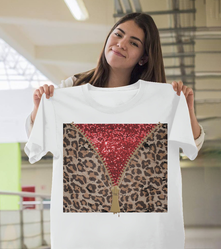 Red Faux Glitter Leopard Zipper Tumbler T-Shirt