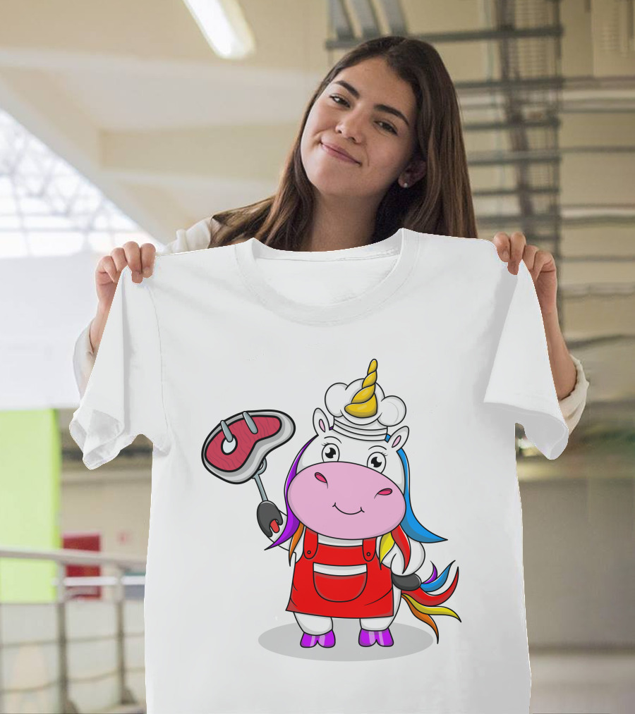 Barbecue Unicorn Chef with Rainbow Mane and Grilled Steak T-Shirt