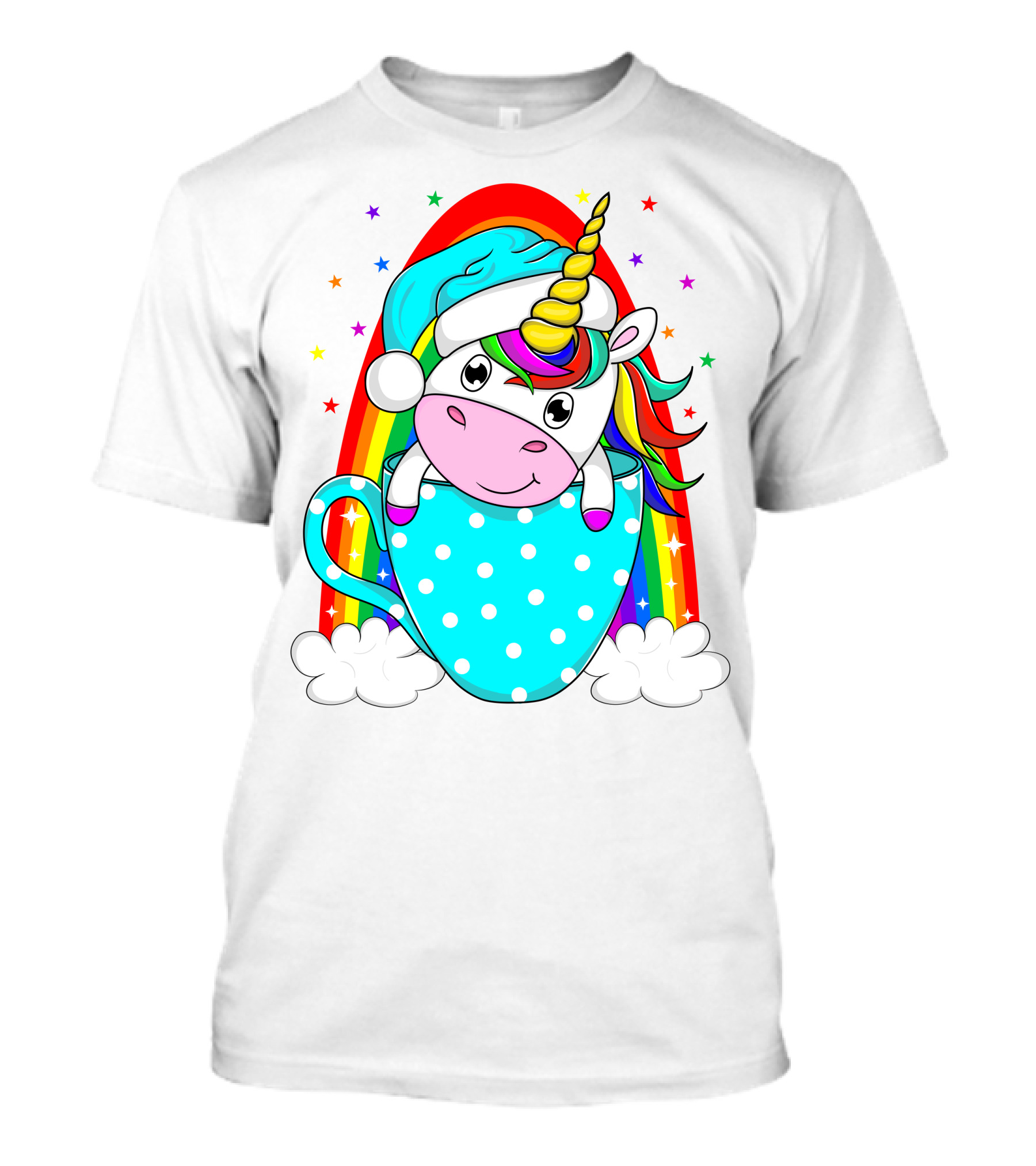 Christmas Unicorn In Cup Rainbow Santa Hat Stars T-Shirt