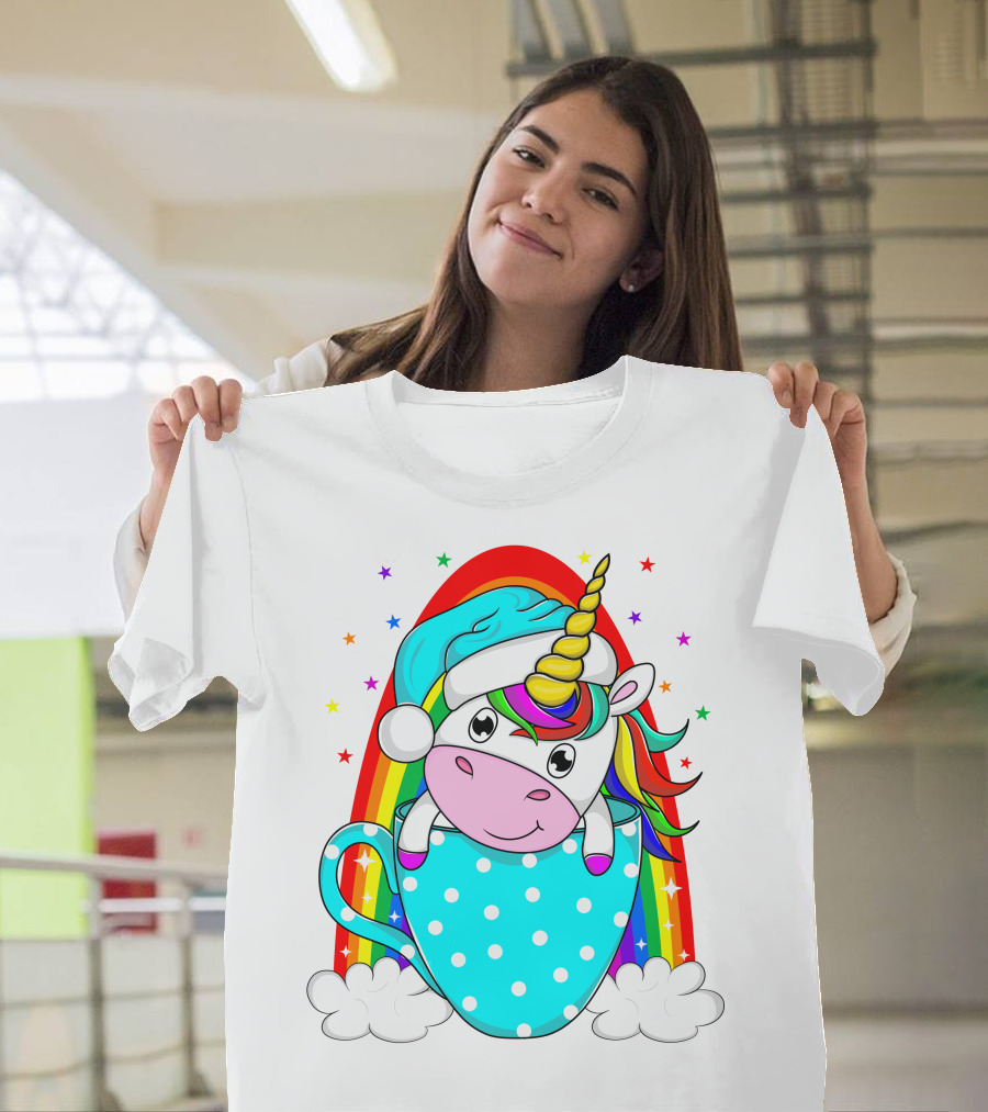 Christmas Unicorn In Cup Rainbow Santa Hat Stars T-Shirt