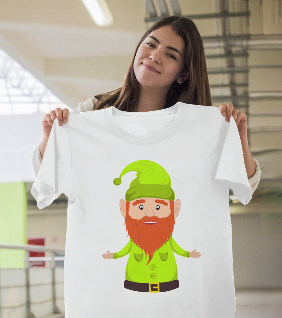 Gnome ELF Christmas Bright Green Hat Brown Belt Red Beard T-Shirt