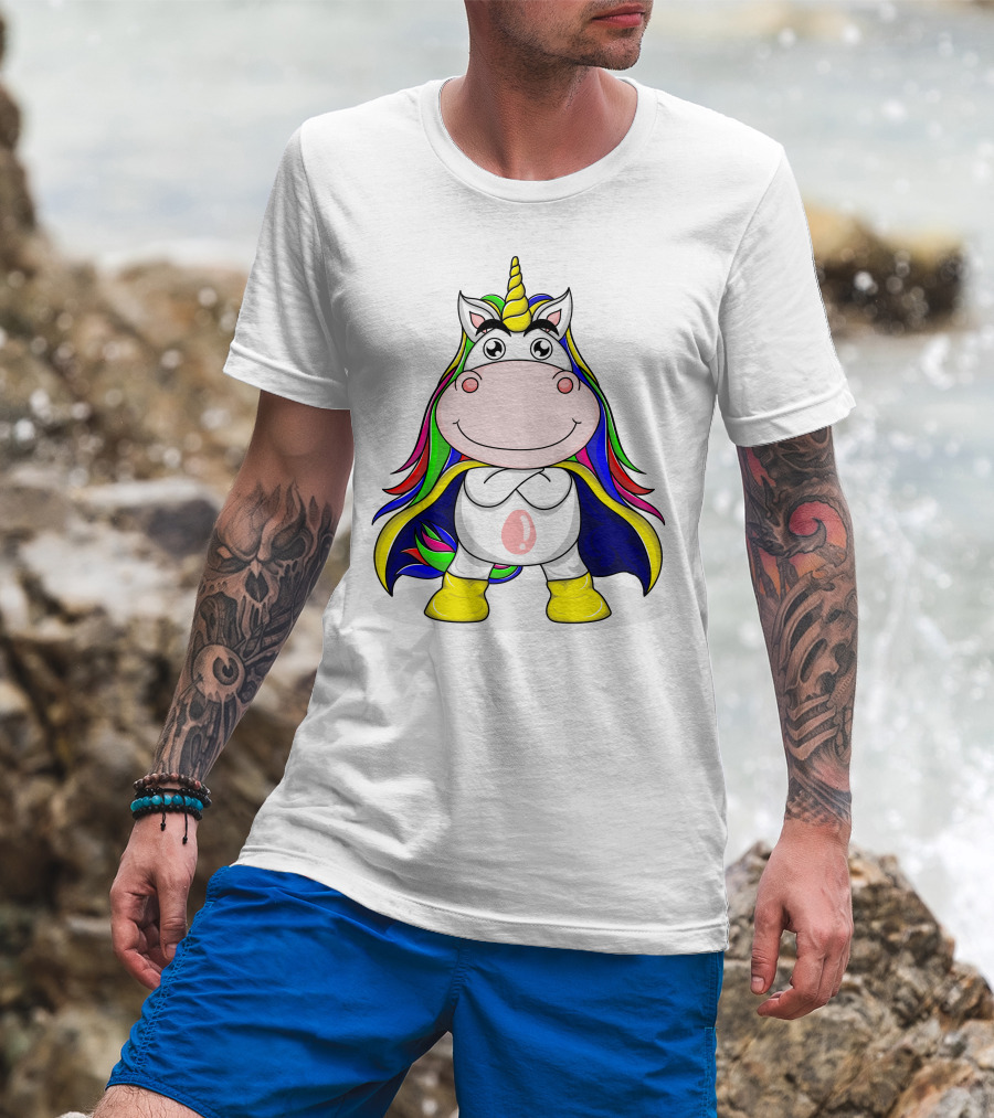 Superhero Unicorn With Rainbow Cape And Yellow Boots T-Shirt