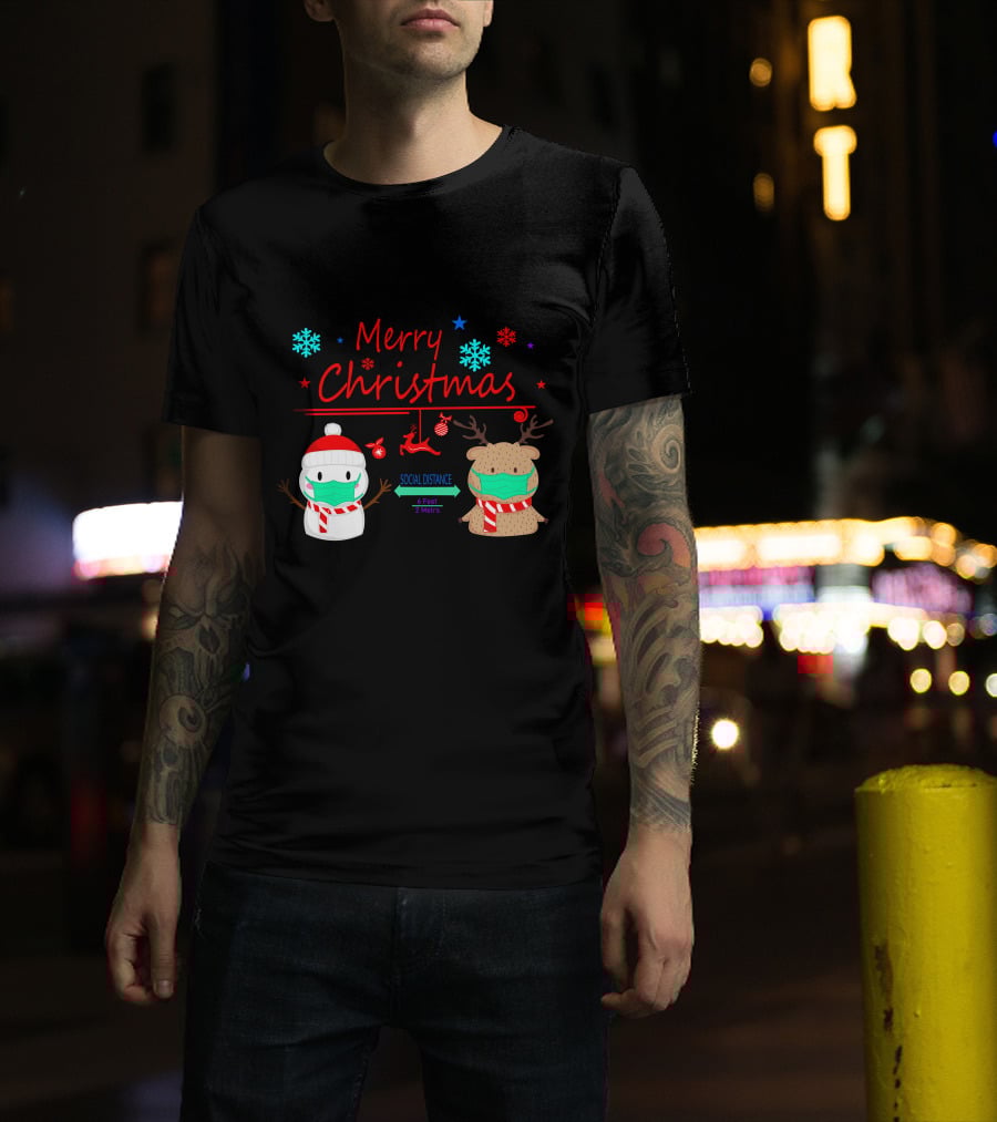 Merry Christmas Social Distance Snowman And Reindeer With Masks T-Shirt