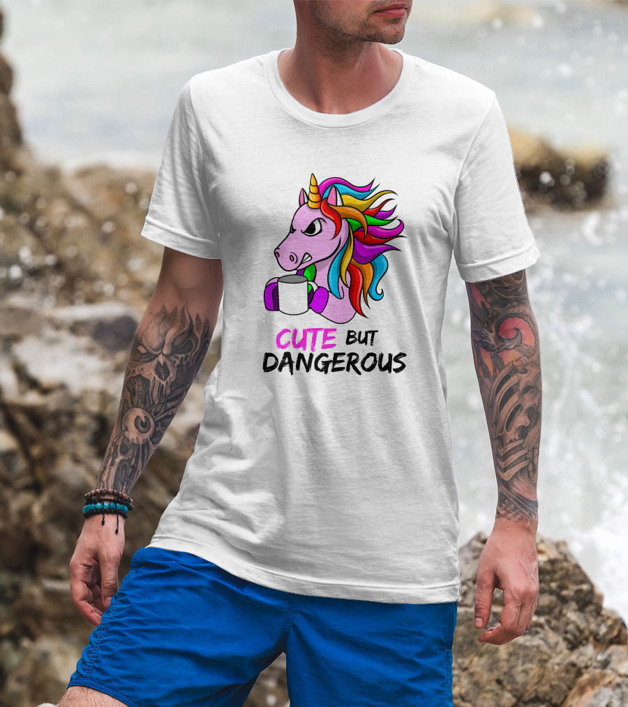 Cute But Dangerous Pink Unicorn With Rainbow Mane And Coffee Mug T-Shirt