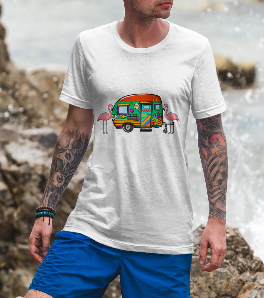 Flamingo Camping Retro Floral Caravan T-Shirt
