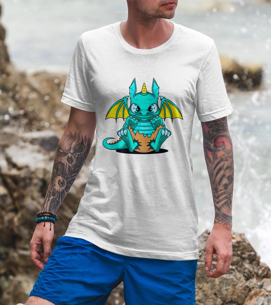 Cool Baby Dragon With Horns Sitting On Eggshell T-Shirt