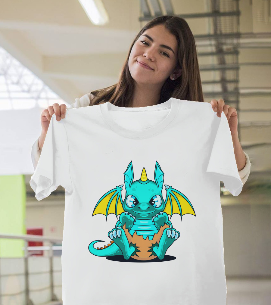 Cool Baby Dragon With Horns Sitting On Eggshell T-Shirt