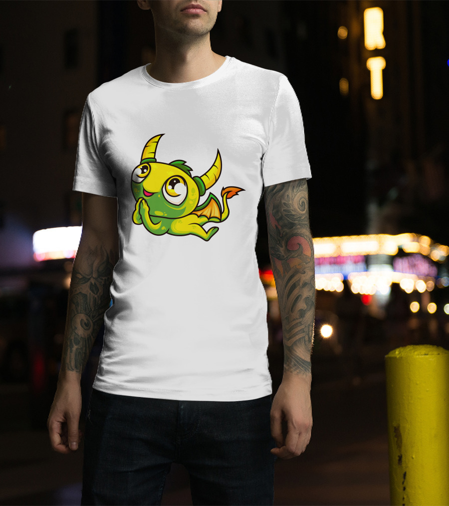 Cute Dragon Wishing Adorable Green And Yellow Horned Fantasy Character T-Shirt
