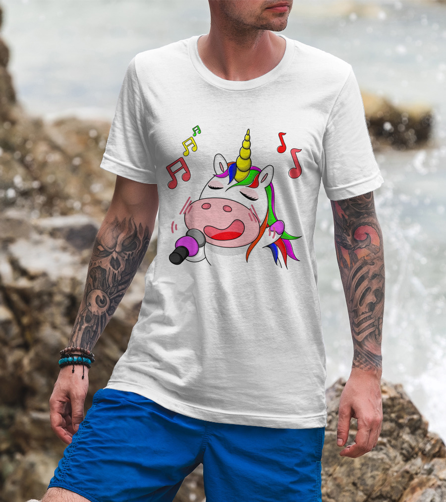 Unicorn Singing With Colorful Microphone And Musical Notes T-Shirt