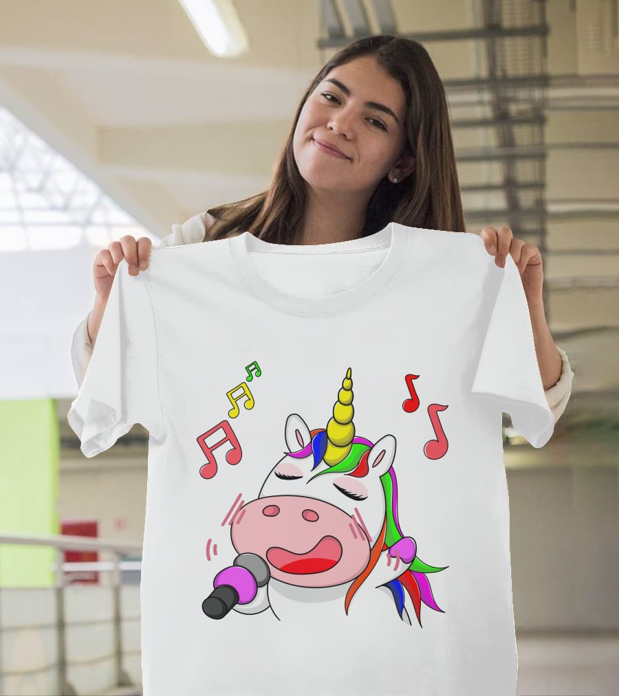 Unicorn Singing With Colorful Microphone And Musical Notes T-Shirt