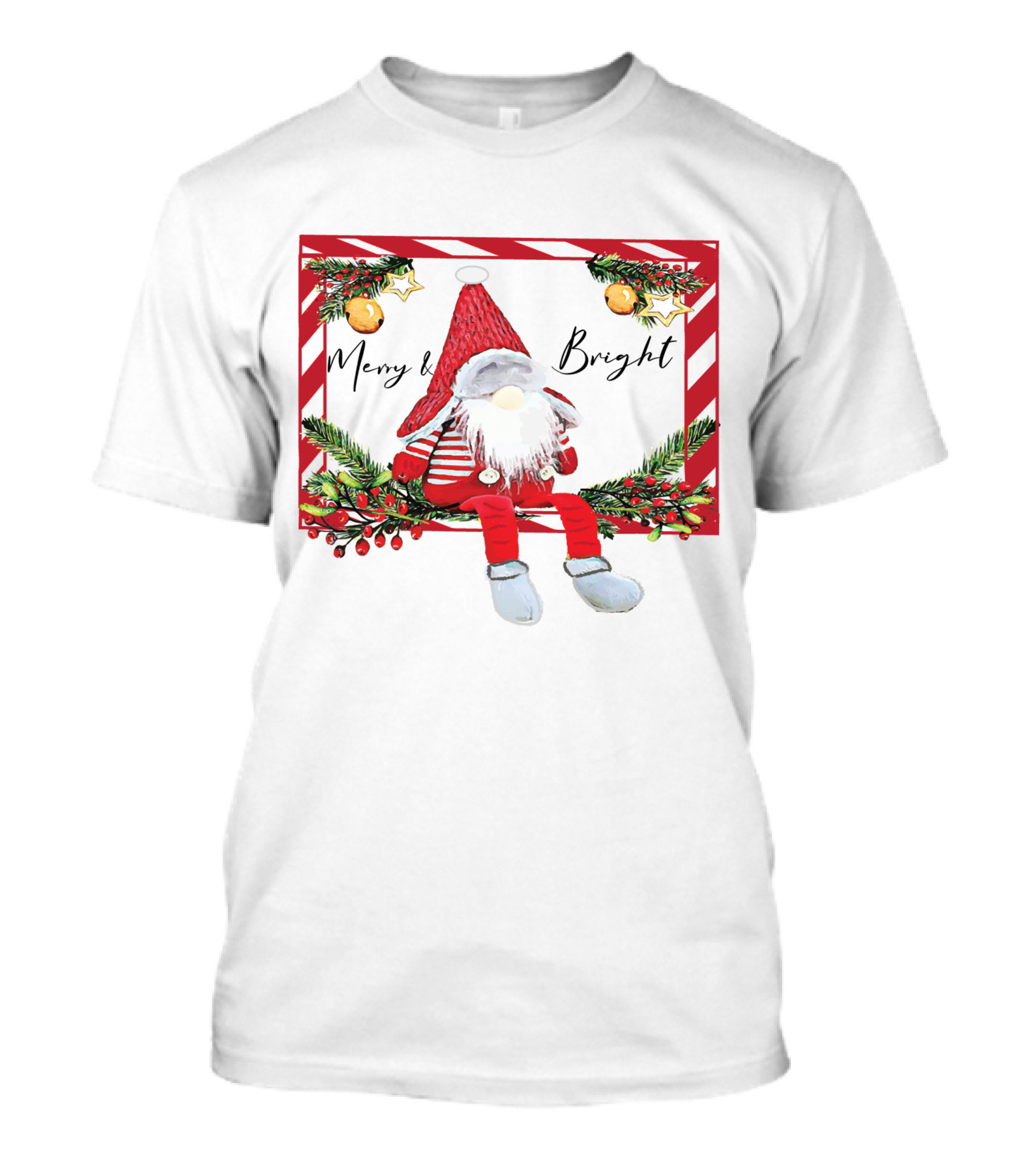 Merry And Bright Gnome Candy Cane Christmas Holiday T-Shirt