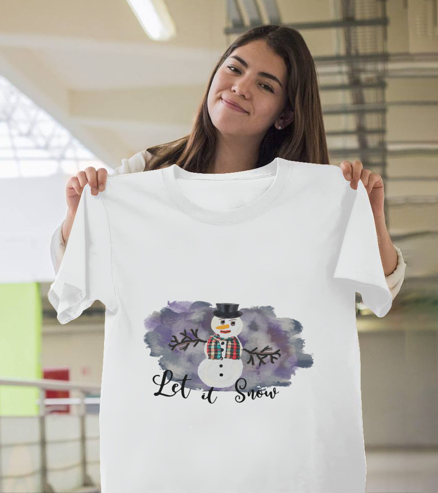 Let It Snow Hand Drawn Snowman Plaid Scarf Top Hat T-Shirt