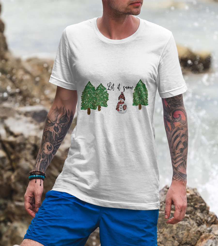 Let It Snow Watercolor Snowman And Pine Trees T-Shirt
