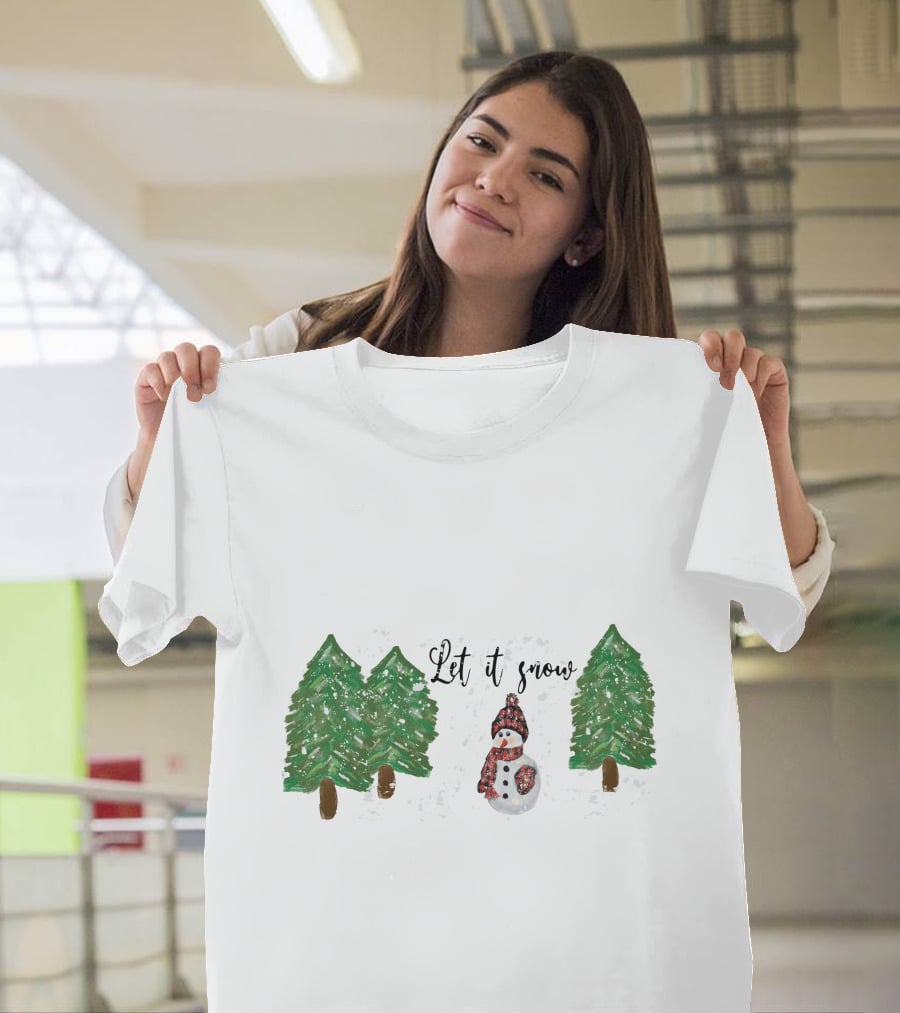 Let It Snow Watercolor Snowman And Pine Trees T-Shirt
