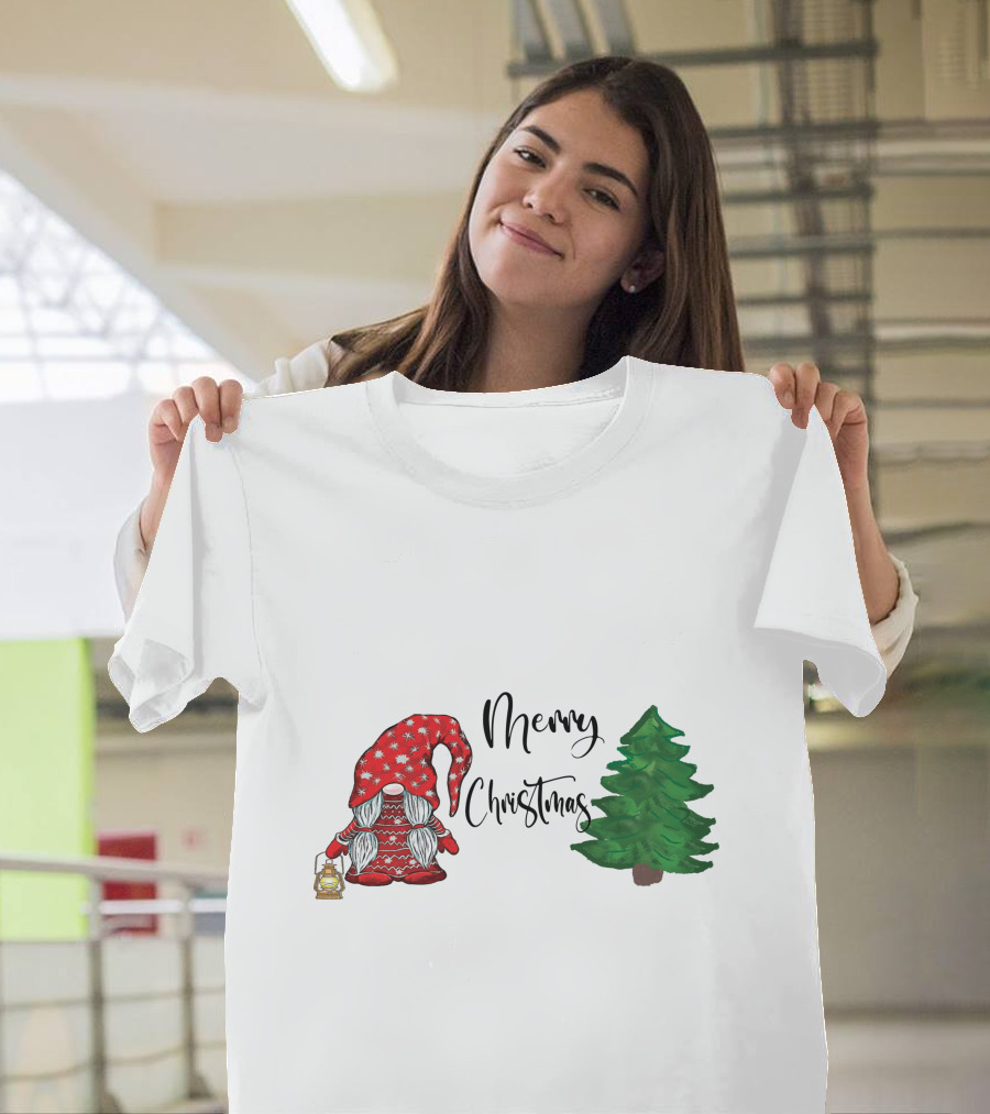 Merry Christmas Gnome With Lantern And Pine Tree T-Shirt