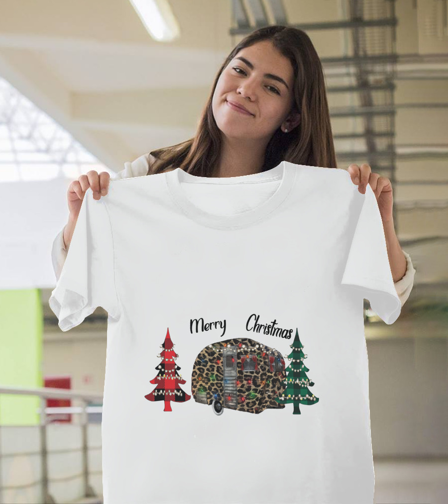 Merry Christmas Leopard Trailer with Festive Trees T-Shirt