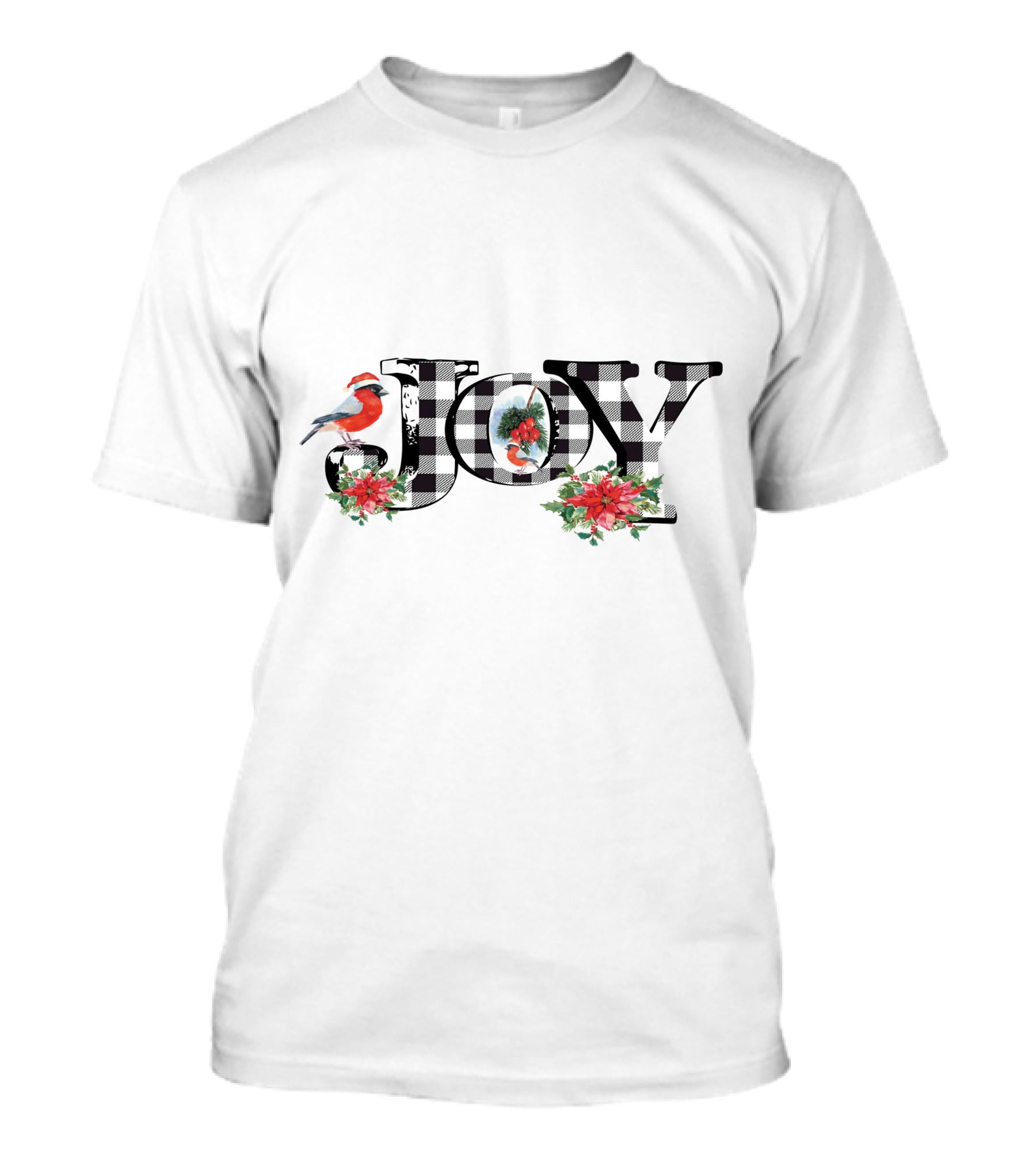 Plaid Joy Cardinal Poinsettia Christmas T-Shirt