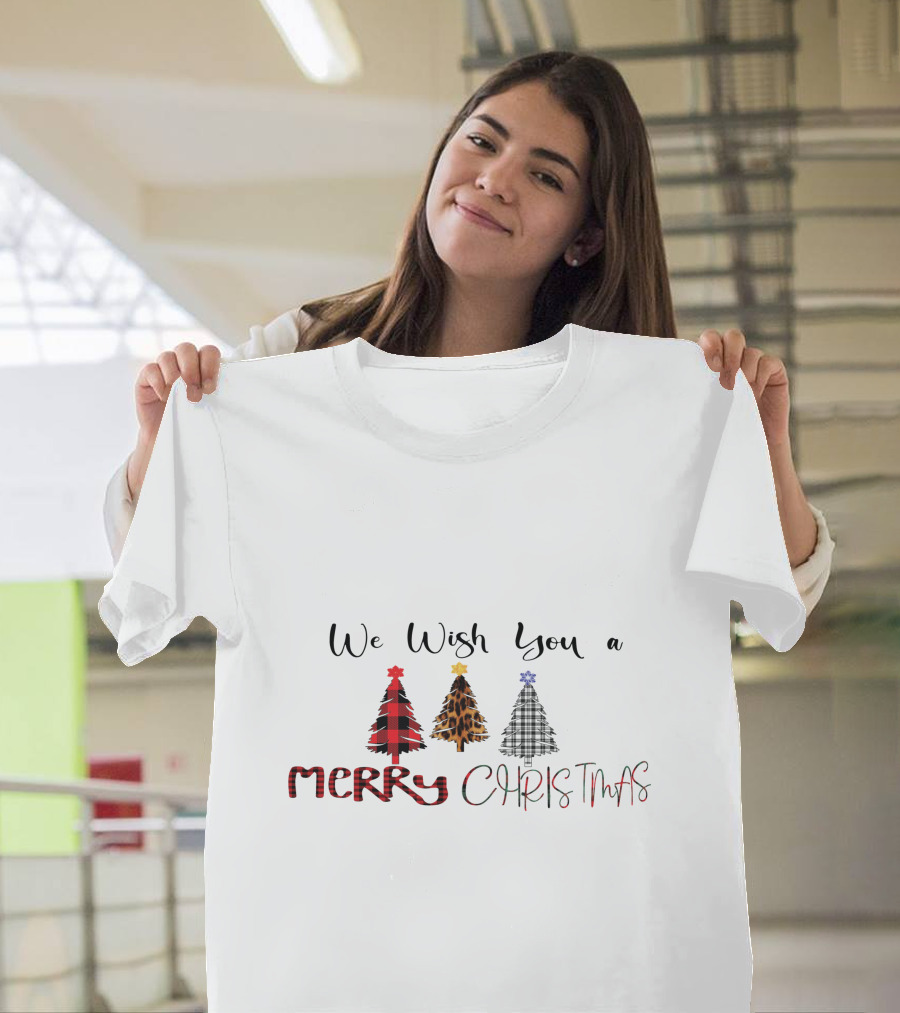 We Wish You a Merry Christmas Trees Plaid Leopard T-Shirt