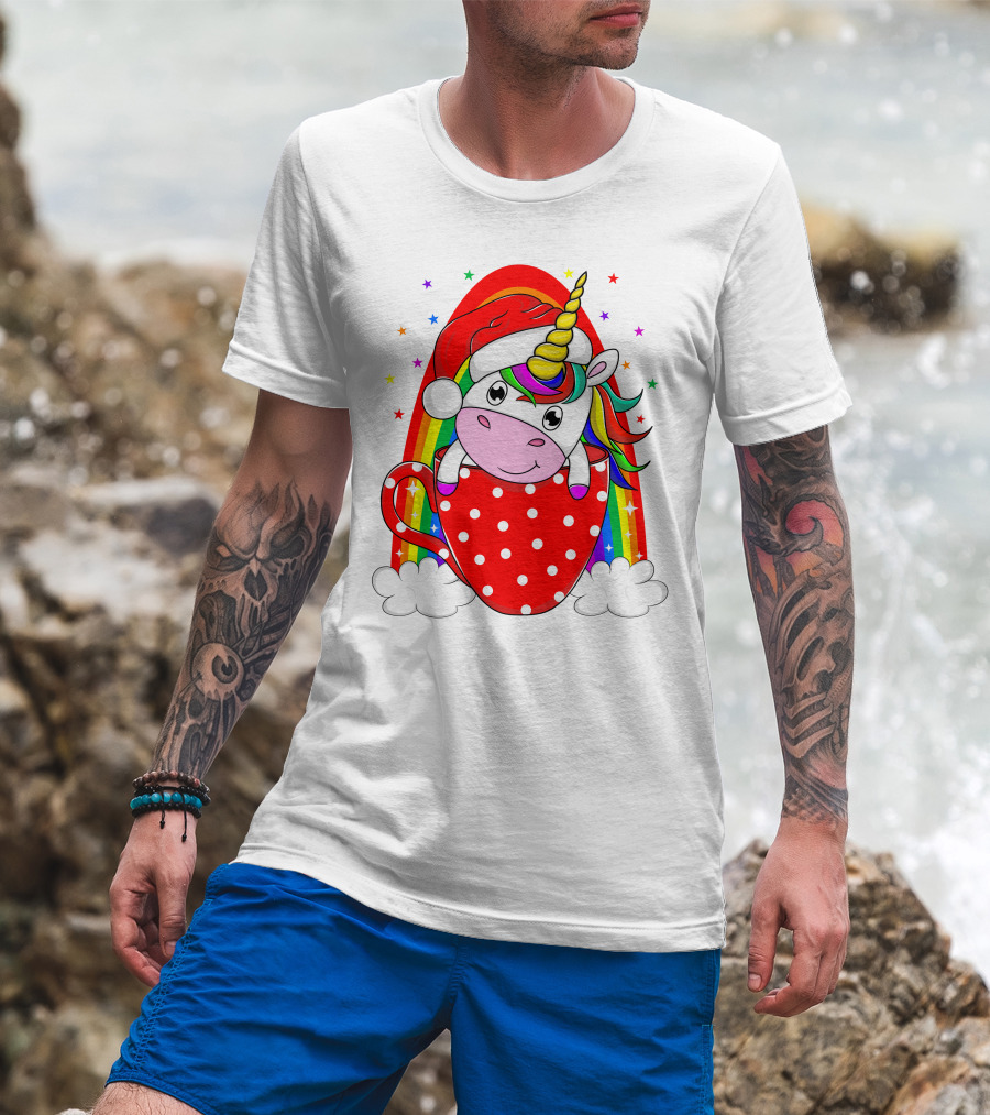 Unicorn In Santa Hat With Rainbow And Red Polka Dot Cup T-Shirt