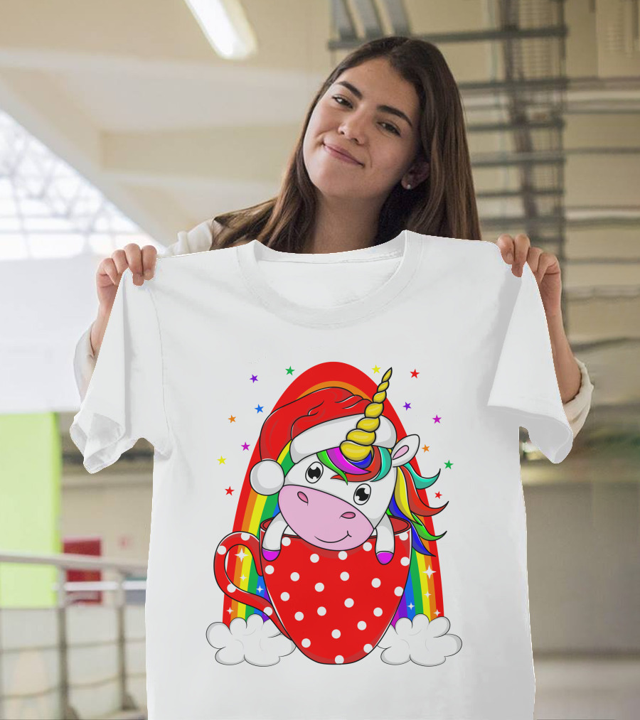 Unicorn In Santa Hat With Rainbow And Red Polka Dot Cup T-Shirt