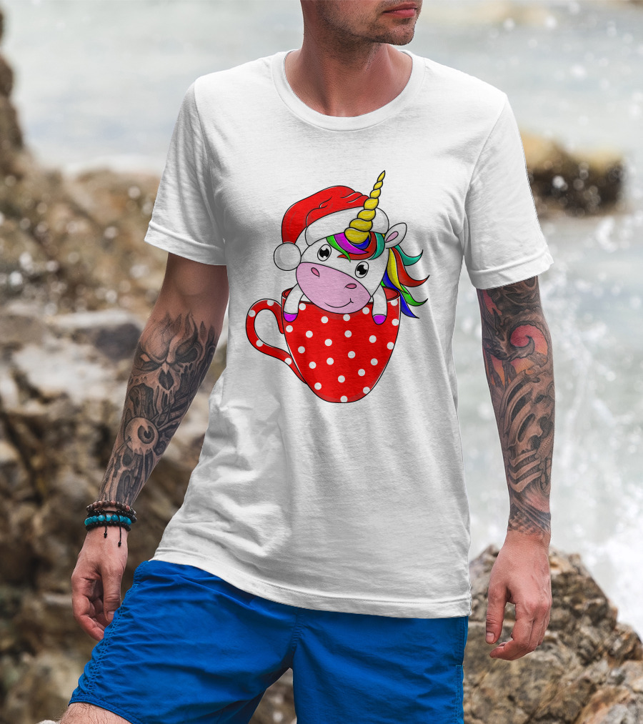 Santa Hat Unicorn In Polka Dot Red Cup T-Shirt