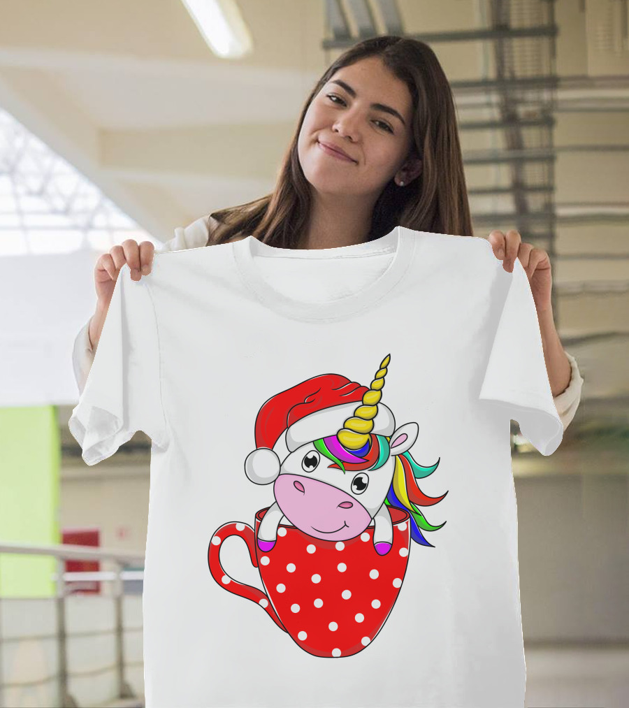 Santa Hat Unicorn In Polka Dot Red Cup T-Shirt