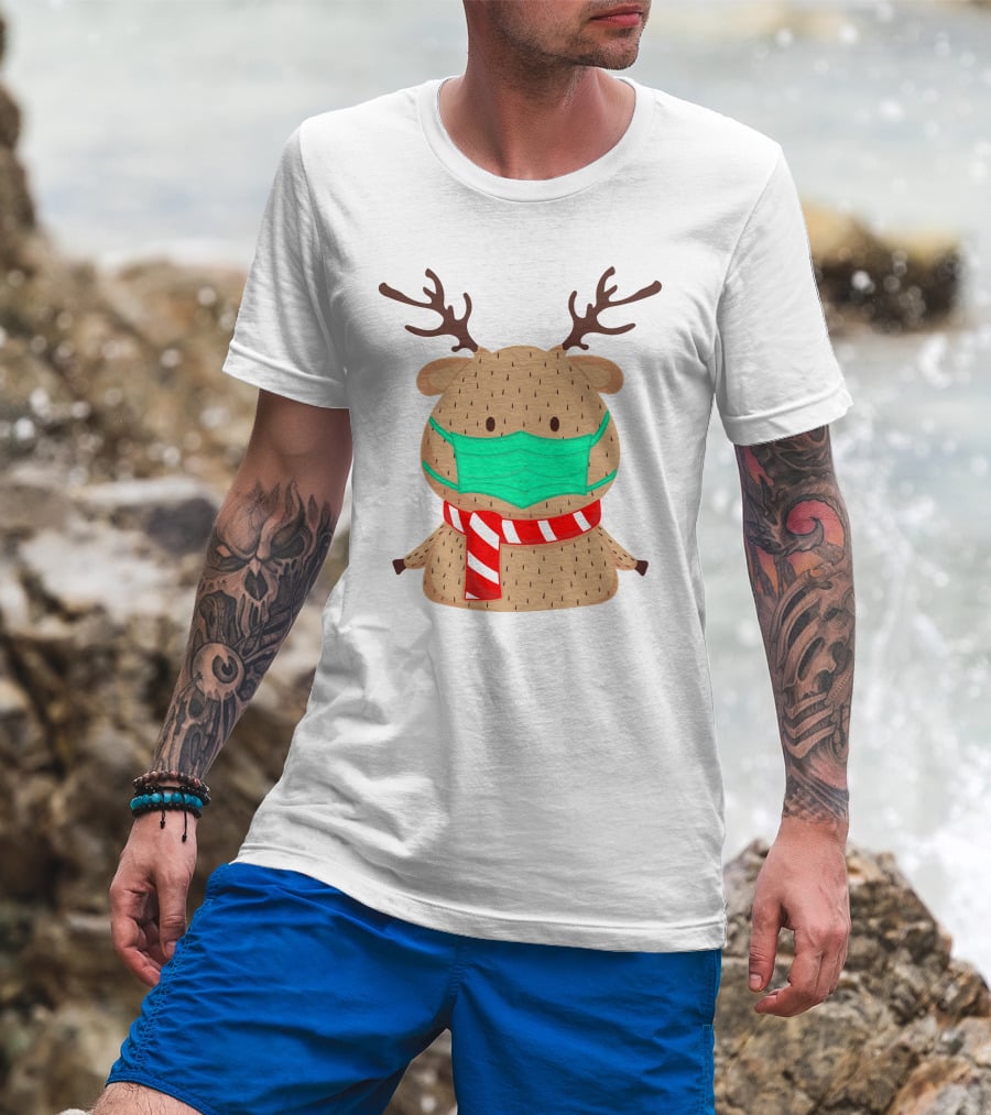 Reindeer Wearing Green Face Mask And Red White Scarf T-Shirt