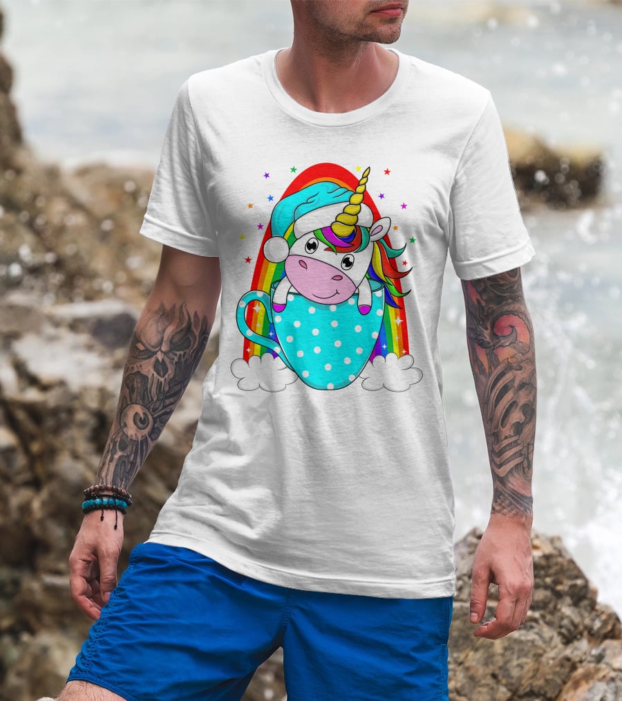 Unicorn In Polka Dot Blue Cup With Rainbow And Stars T-Shirt