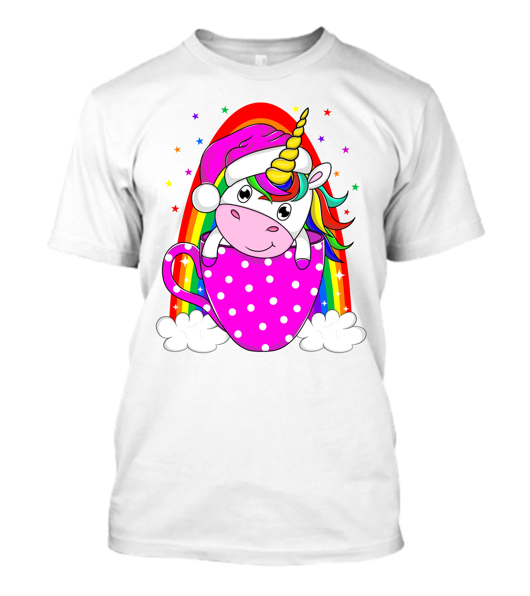 Unicorn Rainbow Santa In Pink Polka Dot Cup T-Shirt