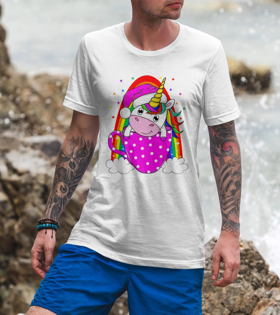 Unicorn Rainbow Santa In Pink Polka Dot Cup T-Shirt