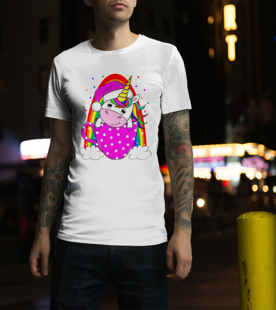 Unicorn Rainbow Santa In Pink Polka Dot Cup T-Shirt