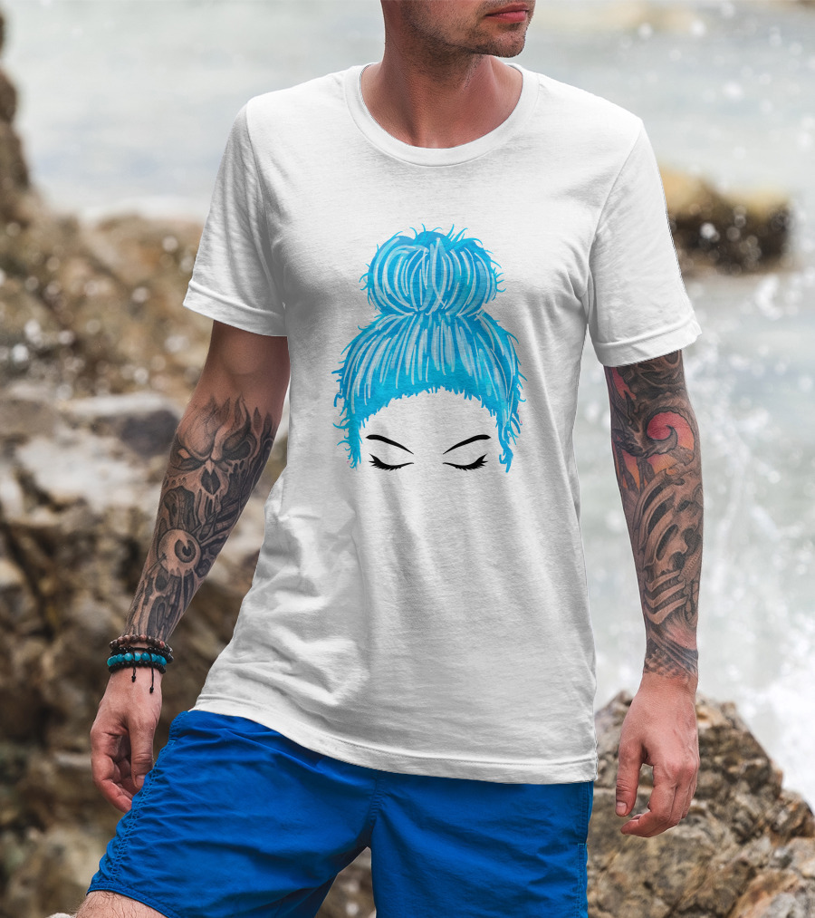 Messy Bun Blue Hair Momlife Trendy Hairstyle Sketch T-Shirt