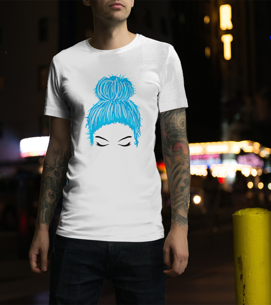 Messy Bun Blue Hair Momlife Trendy Hairstyle Sketch T-Shirt