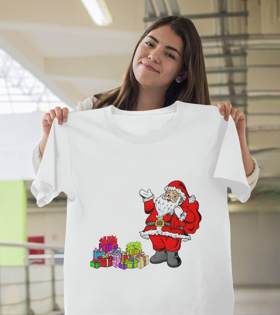 Santa Claus Joyfully Delivering Colorful Presents T-Shirt