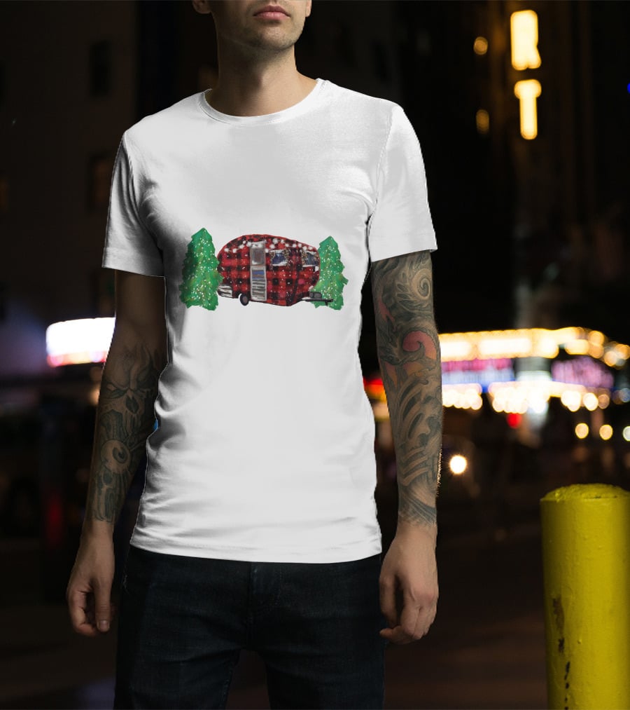 Watercolor Christmas Buffalo Plaid Camper With Trees T-Shirt
